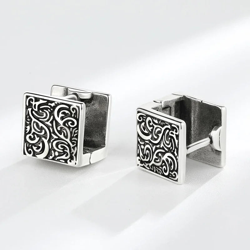 Vintage ethnic thai silver square hoop cufflinks with intricate black scrollwork design for chic style