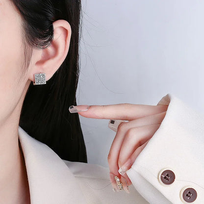 Silver square hoop huggie earrings with intricate vintage ethnic thai engraved pattern for men and women