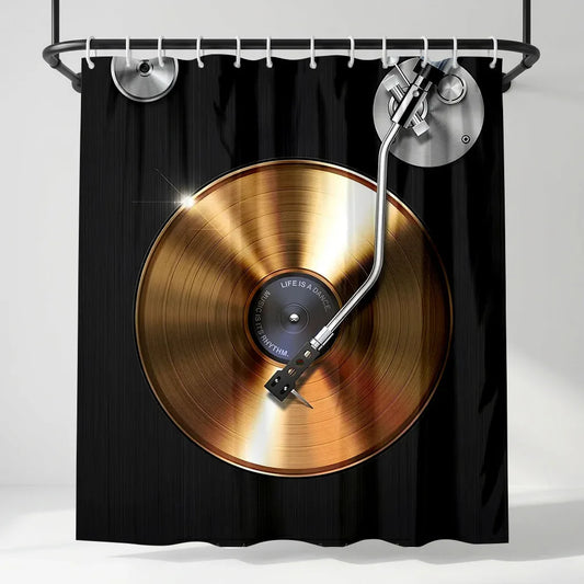 Black shower curtain featuring a vintage gold vinyl record with silver turntable arm for music lover turntable bathroom decor