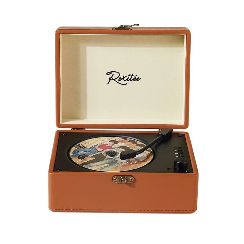 Brown leatherette vintage portable record player by rexitee with bluetooth 5.0 and rechargeable battery for customer service order info