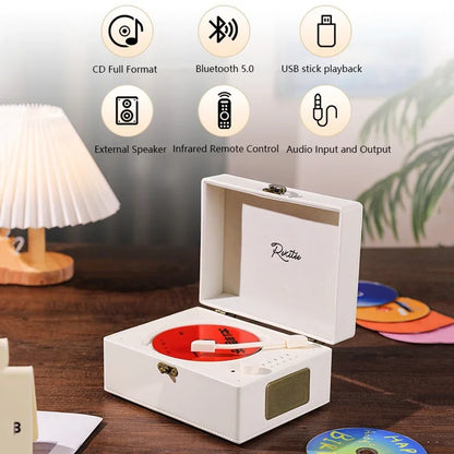 White rectangular vintage leather cd player with red vinyl, white stylus, gold hardware, bluetooth 5.0, customer service info