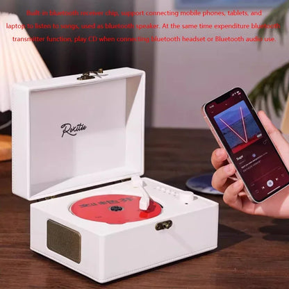 White rextie bluetooth record player with red vinyl and gold-tone accents portable vintage leather cd player with usb for order info