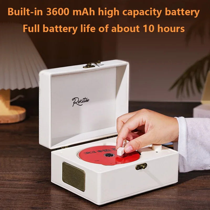 White rextie portable record player with red vinyl disc and built-in 3600 mah battery for vintage leather cd player order info