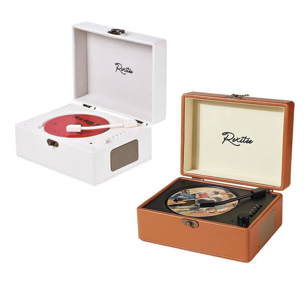 White and tan rextee portable record players with vintage leather lids and built-in speakers for easy customer service order info