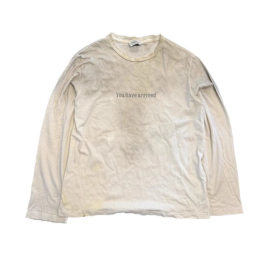 Faded beige vintage long sleeve t shirt with you have arrived print in dark text loose casual tee hip streetwear harajuku