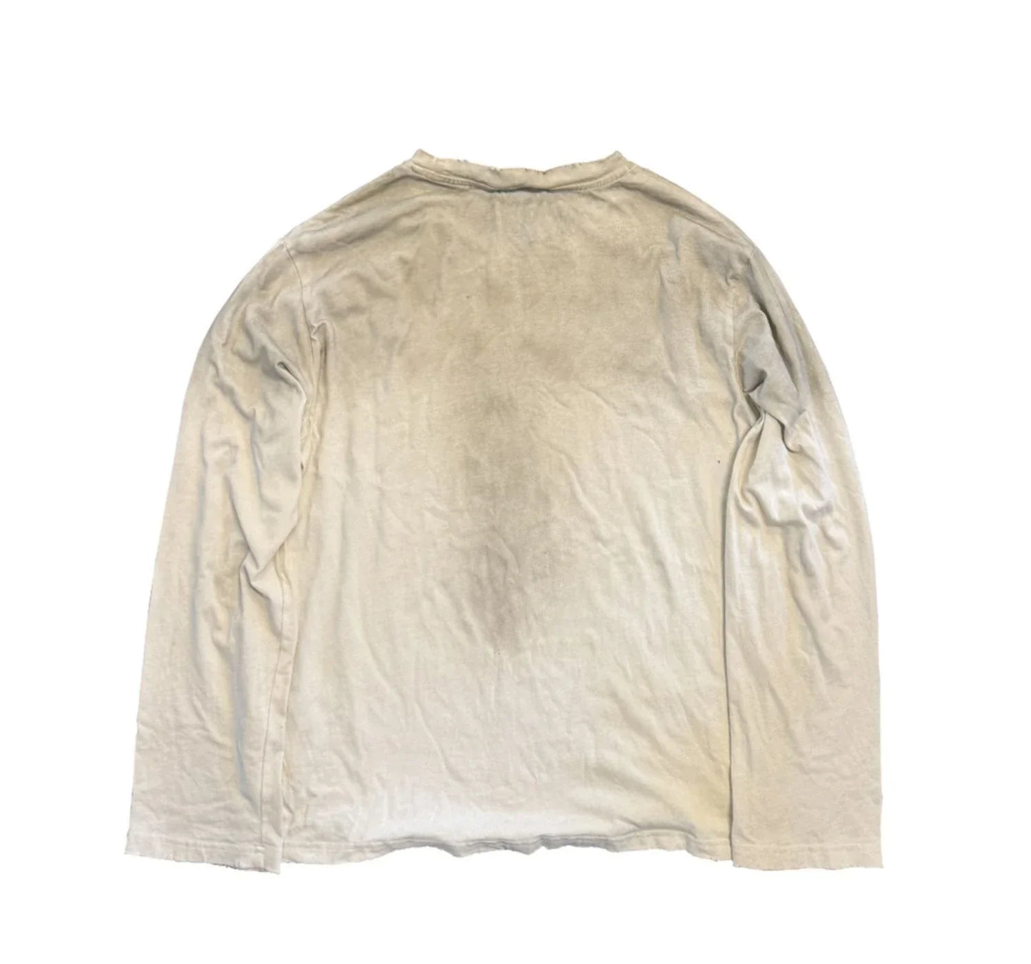 Beige vintage long sleeve t shirt with a faded worn look loose casual tee for hip streetwear harajuku and retro tshirts y2k