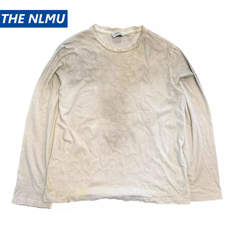 The nlmu faded off-white cotton long sleeve shirt features a loose casual tee fit in retro tshirts y2k style