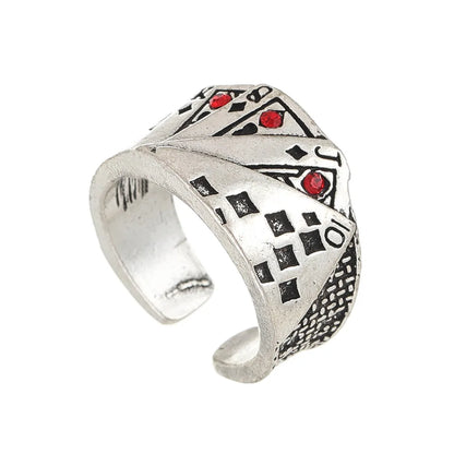 Silver-toned vintage metal opening hip hop adjustable ring with 3D playing card motif and red gemstone lucky poker ring accents