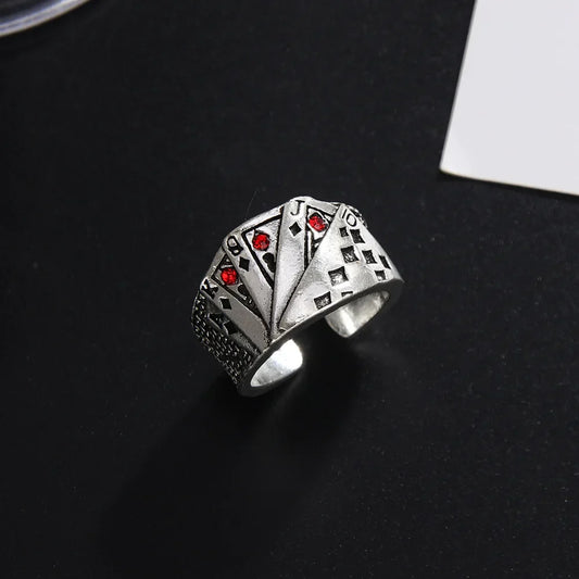 Silver vintage metal opening poker ring featuring engraved playing cards with red gemstones hip hop adjustable design
