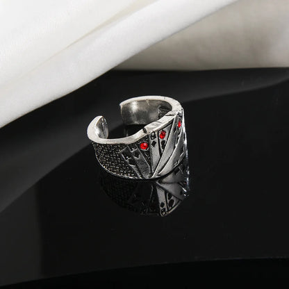 Silver-toned vintage metal opening adjustable ring with intricate playing card design and red gemstone accents hip hop lucky poker ring