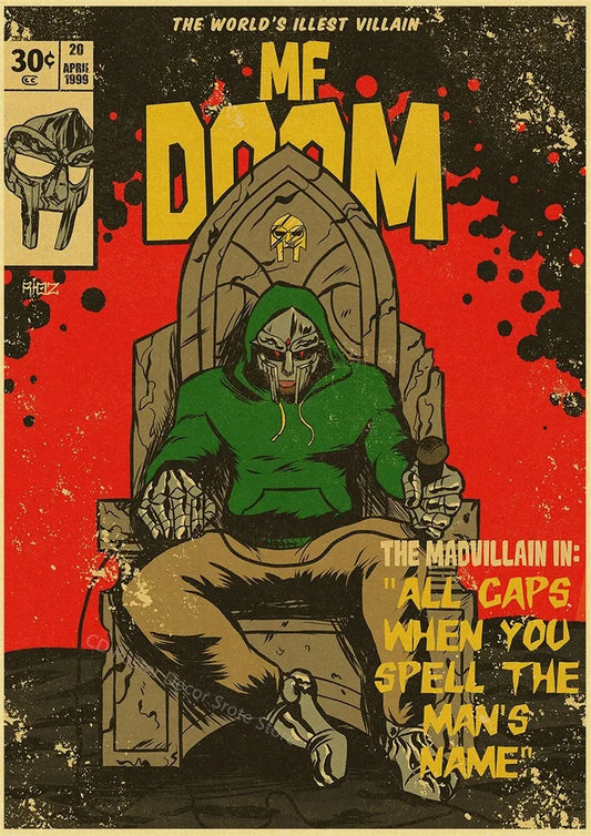 Stylized comic book cover canvas painting of mf doom in green hoodie and skull mask for vintage music album poster decor