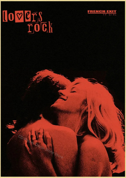 Red-toned vintage music album poster featuring a couple embracing with lovers rock text on canvas for home bar decor
