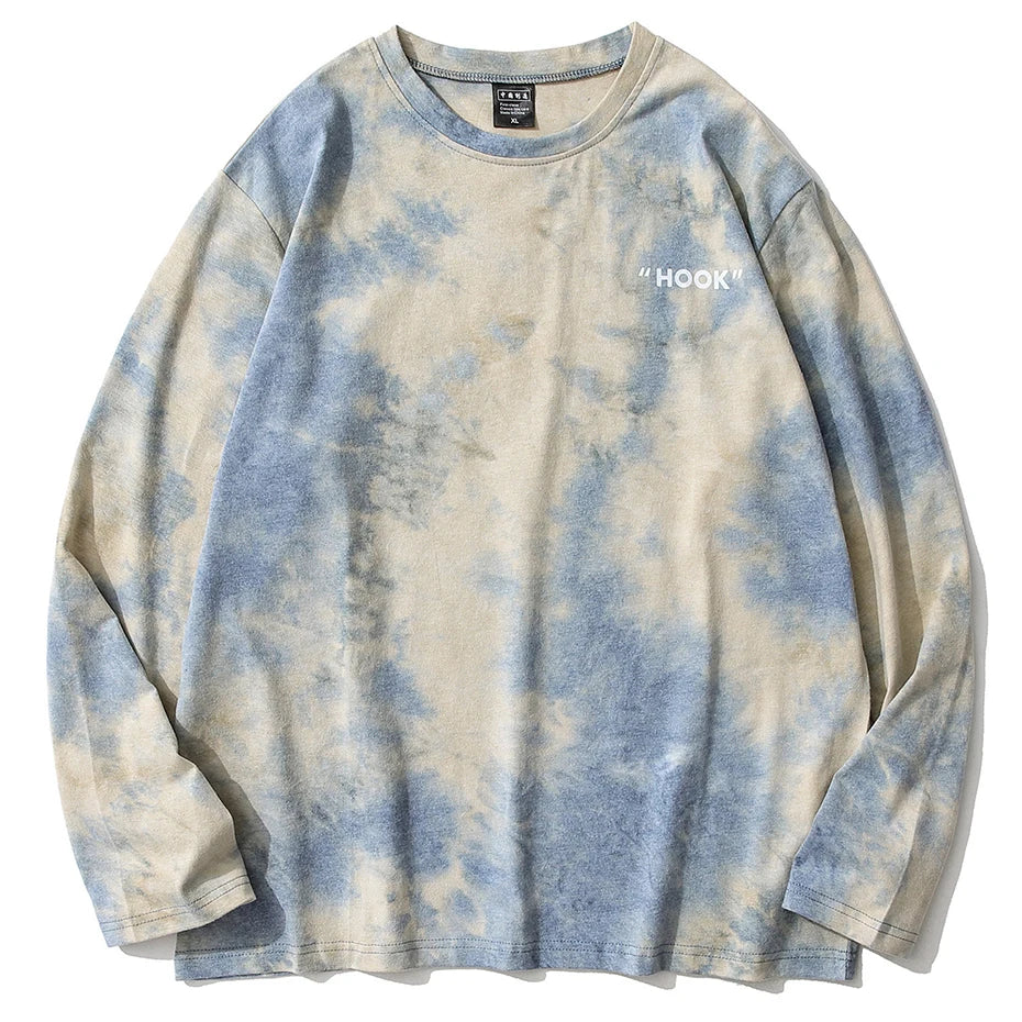 Vintage oversized long sleeve tie dye t-shirt in faded blue and cream with embroidered hook logo for casual streetwear