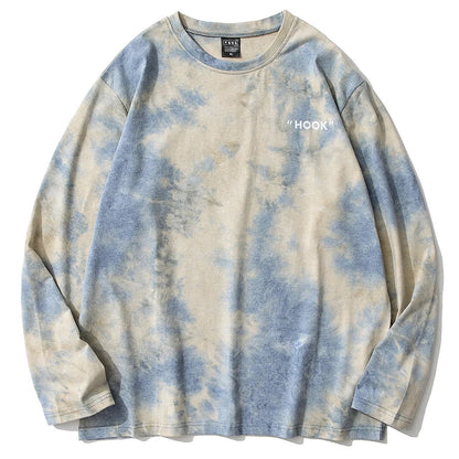 Vintage oversized long sleeve tie dye t-shirt in faded blue and cream with embroidered hook logo for casual streetwear