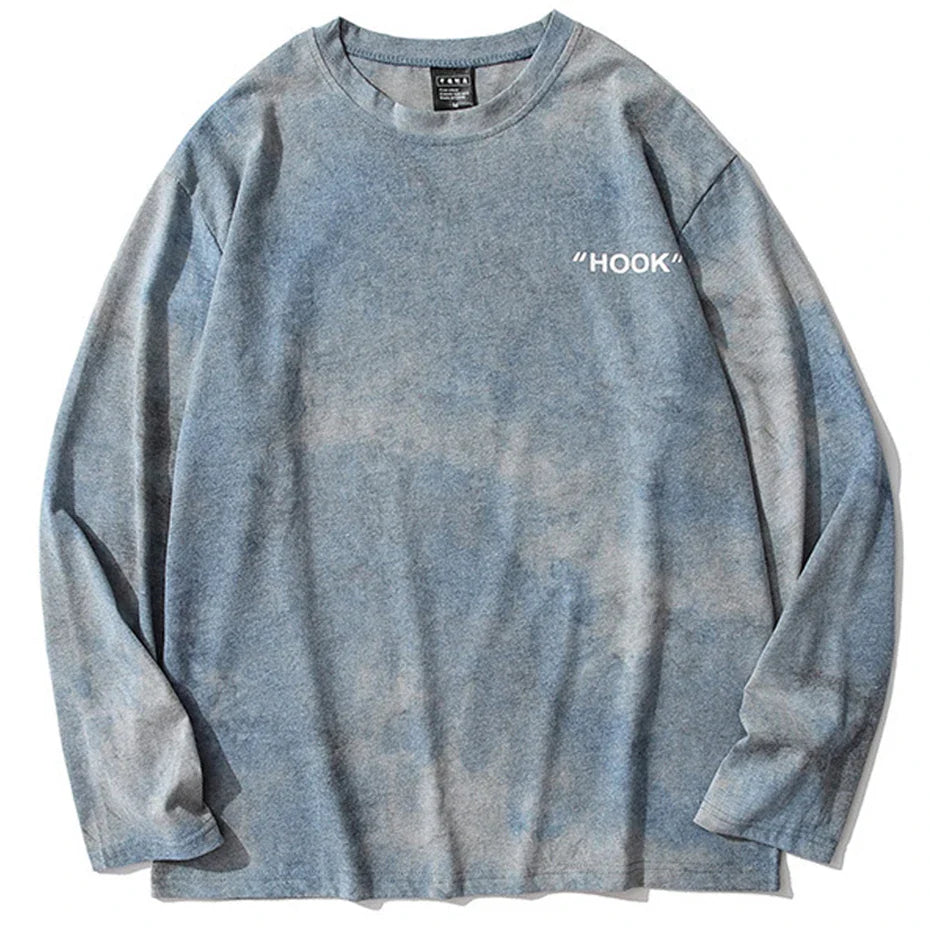 Vintage oversized blue gradient long sleeve t-shirt with white hook embroidery casual streetwear hip hop top