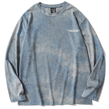 Vintage oversized blue gradient long sleeve t-shirt with white hook embroidery casual streetwear hip hop top