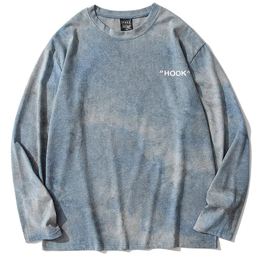 Vintage oversized blue gradient long sleeve t-shirt with white hook embroidery casual streetwear hip hop top