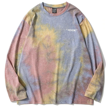 Pastel tie-dye vintage oversized long sleeve crewneck tee with hook print in white casual streetwear harajuku hip hop style