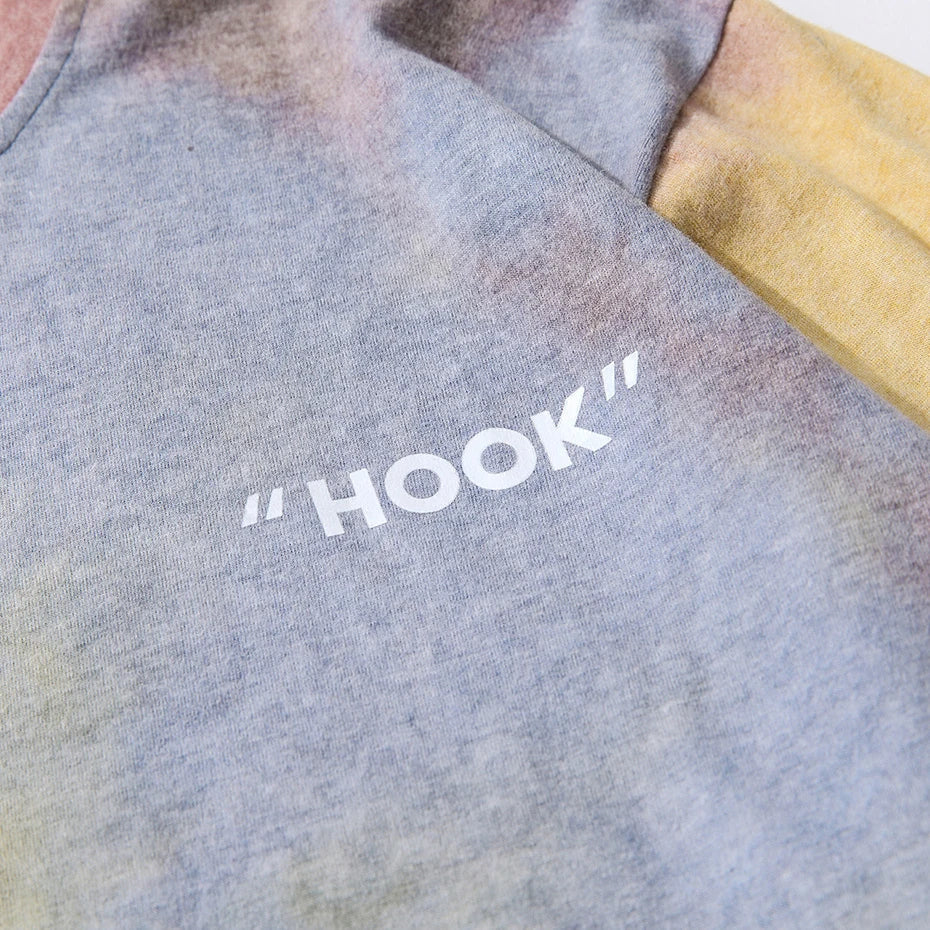 Vintage oversized gray heathered sweatshirt with subtle yellow tie-dye sleeve and white embroidered hook text