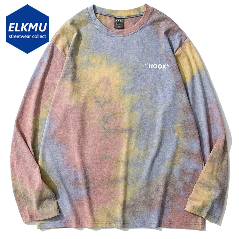 Pastel tie-dye vintage oversized long sleeve crewneck tee from elkmu streetwear perfect for casual hip hop style