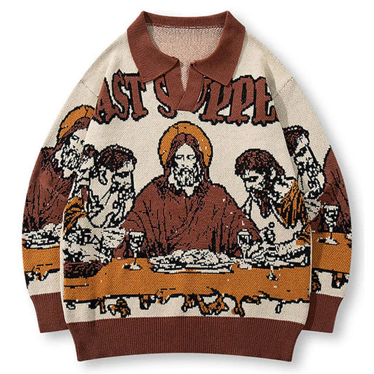 Beige and brown knitted vintage oversized men sweater featuring pixelated last supper design for retro y2k sweaters streetwear harajuku hip style