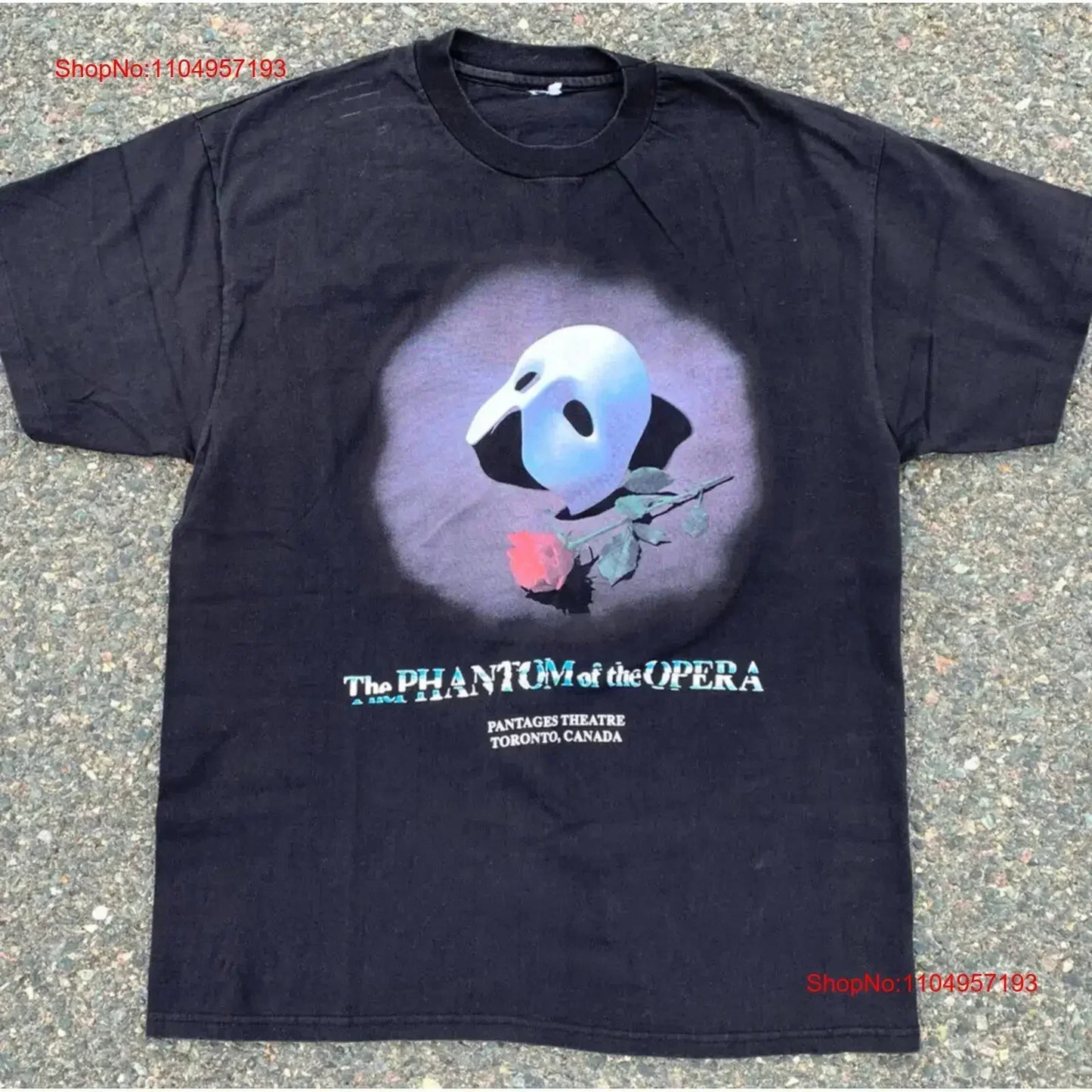 Black cotton vintage phantom of the opera 90s musical t shirt with printed mask and rose design washed stretched streetwear
