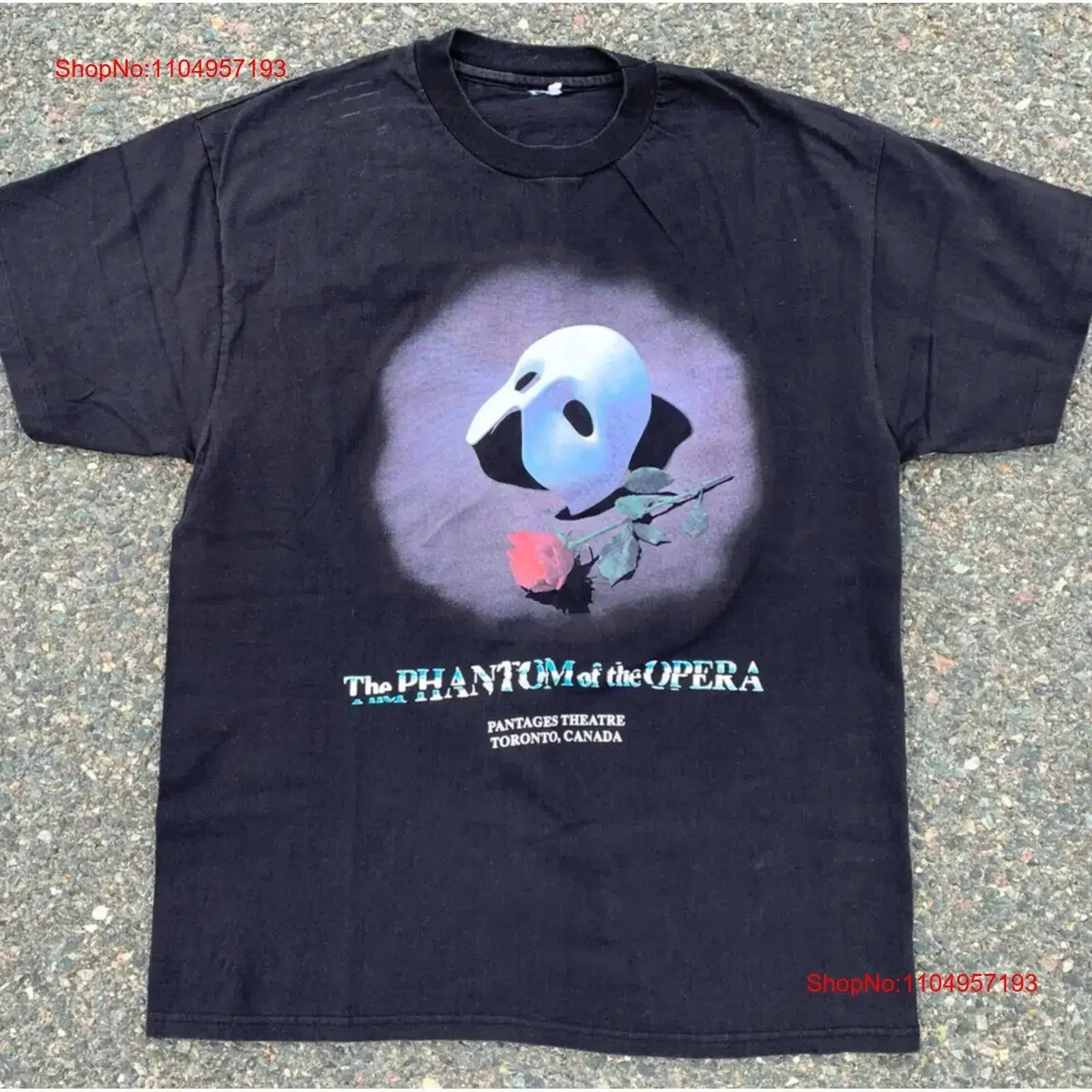Black cotton vintage phantom of the opera 90s musical t shirt with printed mask and rose design washed stretched streetwear
