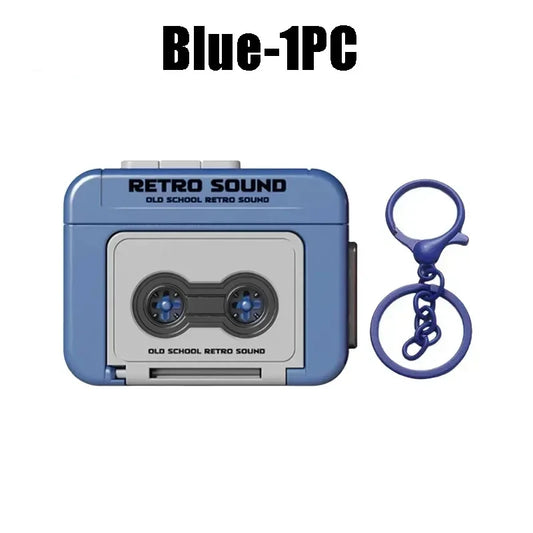 Blue retro vintage tape recorder keychain with silver tape deck design and purple chain for recorder couple gift