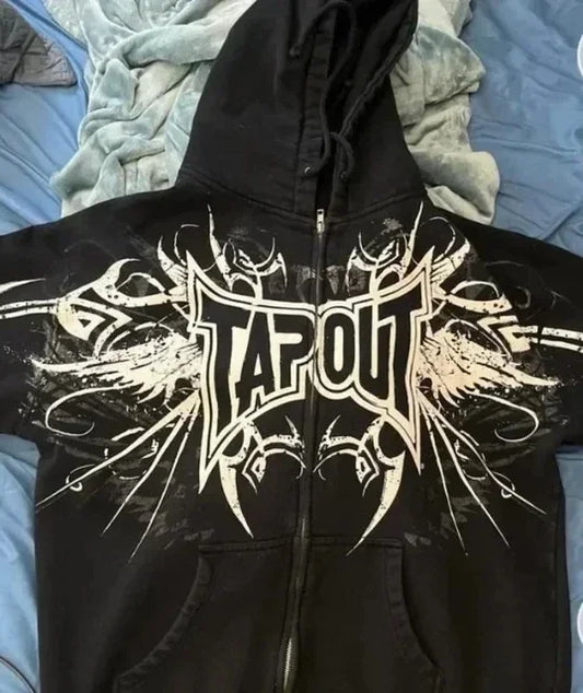 Black vintage Tapout graphic print zipper hoodie with bold white hip letter Y2K wings and tribal patterns for streetwear