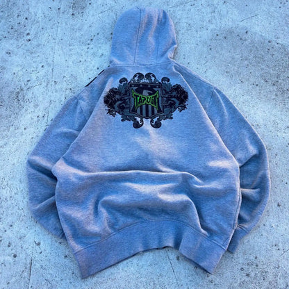 Back side of gray heathered vintage tapout graphic print zipper hoodie with black and green hop letter y2k logo embroidery