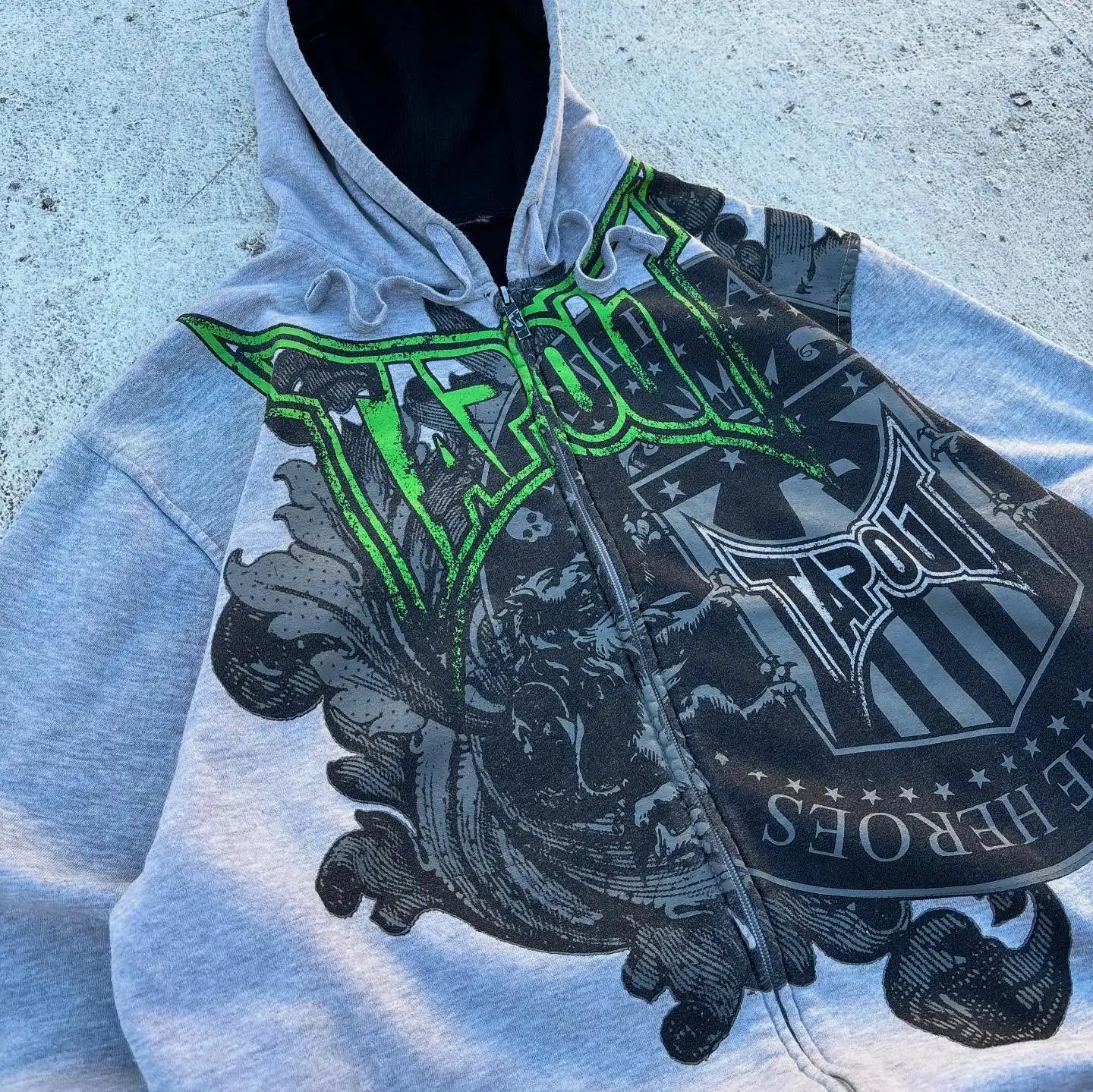 Gray vintage tapout graphic print zipper hoodie with neon green hop letter y2k detailing oversized streetwear jacket