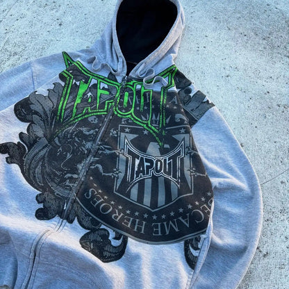 Gray vintage Tapout graphic print zipper hoodie with bold green and black hop letter y2k design and shield emblem