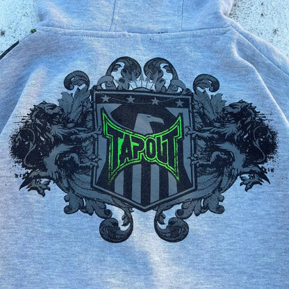 Light gray vintage Tapout graphic print zipper hoodie with bold green and black crest featuring lions and eagle emblem