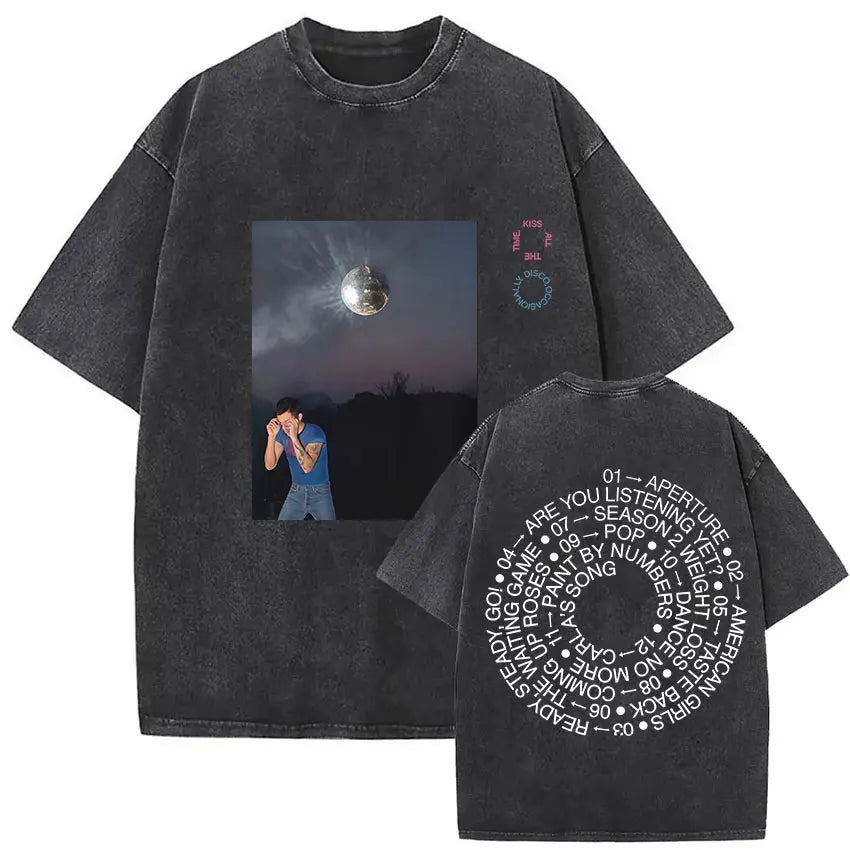 Black distressed vintage washed harry styles graphic t shirt with disco ball print and white tracklist text on back