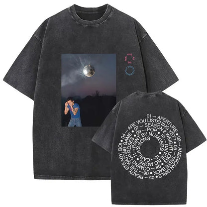 Black distressed vintage washed harry styles graphic t shirt with disco ball print and white tracklist text on back