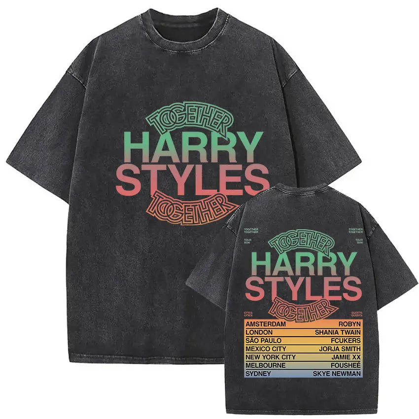 Black vintage washed harry styles pop album hip hop short sleeve t-shirt with colorful gradient graphic and tour cities print