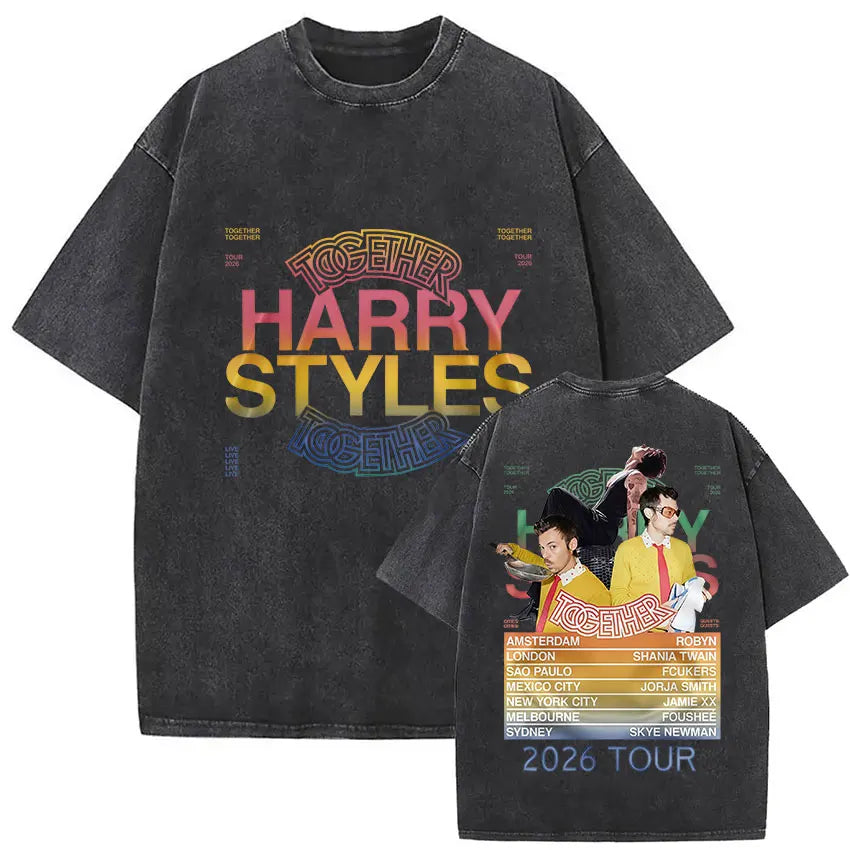 Black distressed cotton vintage washed harry pop album hip hop short sleeve t-shirt with colorful together harry styles tour graphic