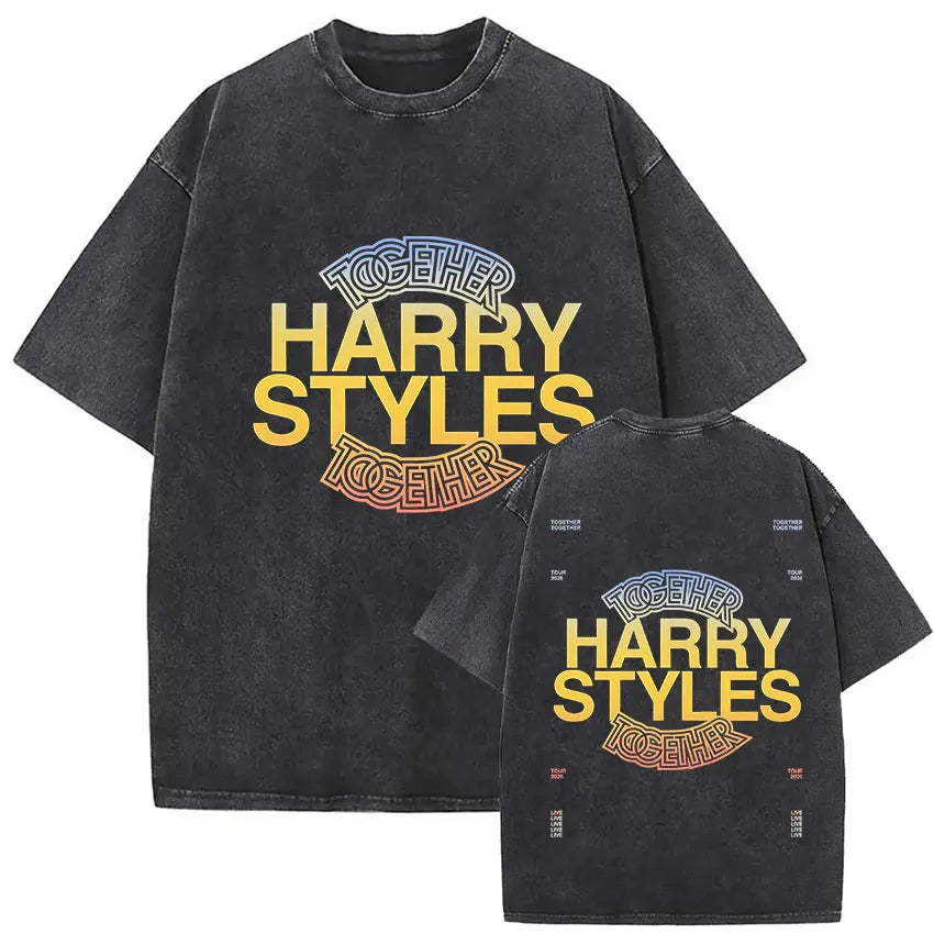 Black oversized cotton vintage washed harry styles graphic t-shirt with faded design and pop album hip hop short sleeve style