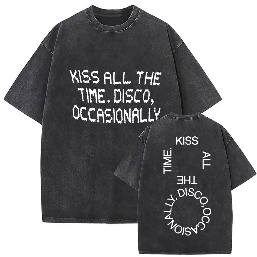 Black oversized vintage washed harry styles pop album hip hop short sleeve t-shirt with white distressed text kiss all the time