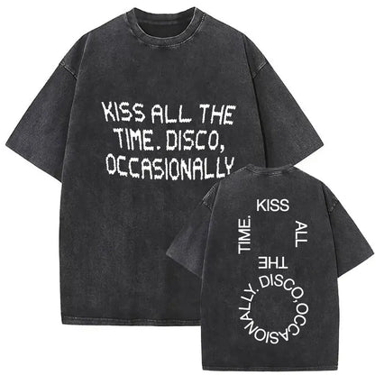 Black oversized vintage washed harry styles pop album hip hop short sleeve t-shirt with white distressed text kiss all the time
