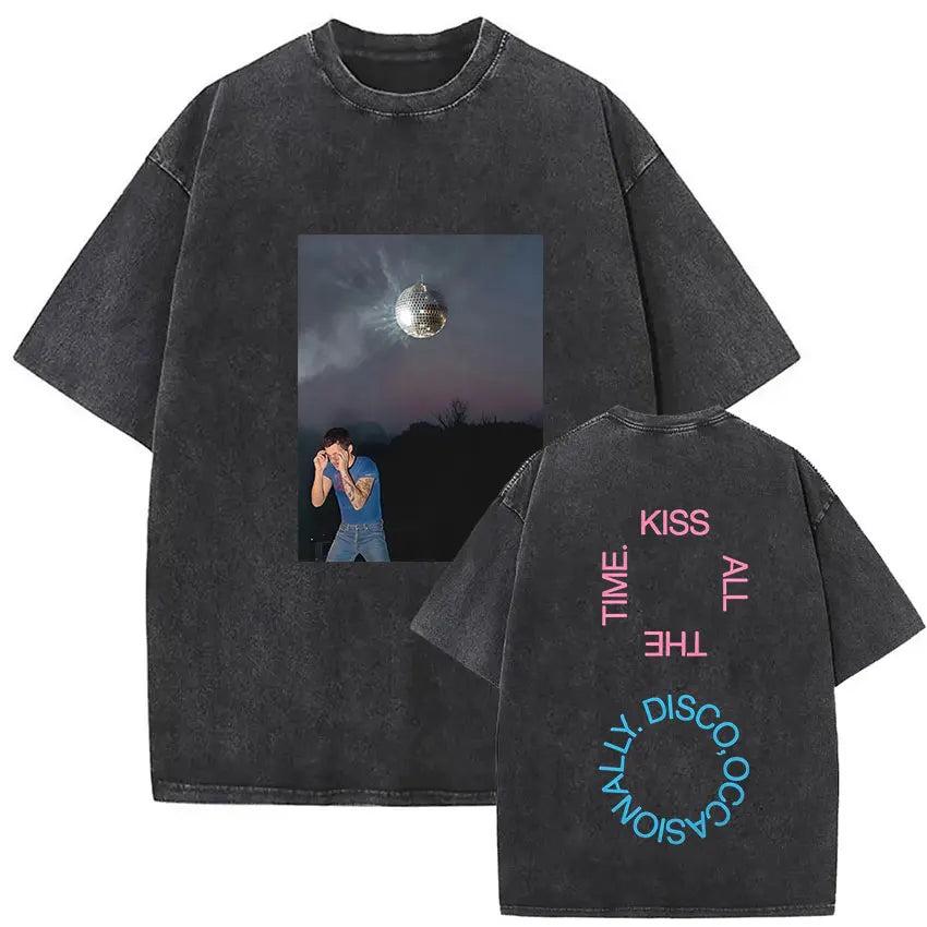 Black vintage washed harry styles pop album hip hop short sleeve cotton t shirt with graphic front and text back view