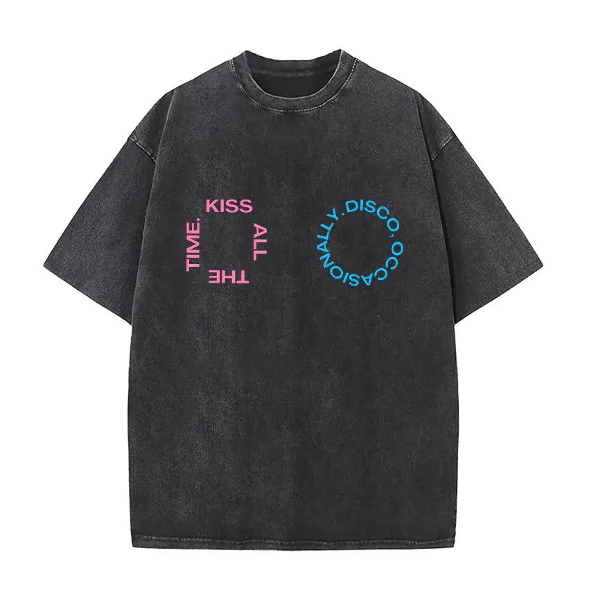Black distressed cotton vintage washed Harry Styles pop album hip hop short sleeve t-shirt with pink and blue graphic text