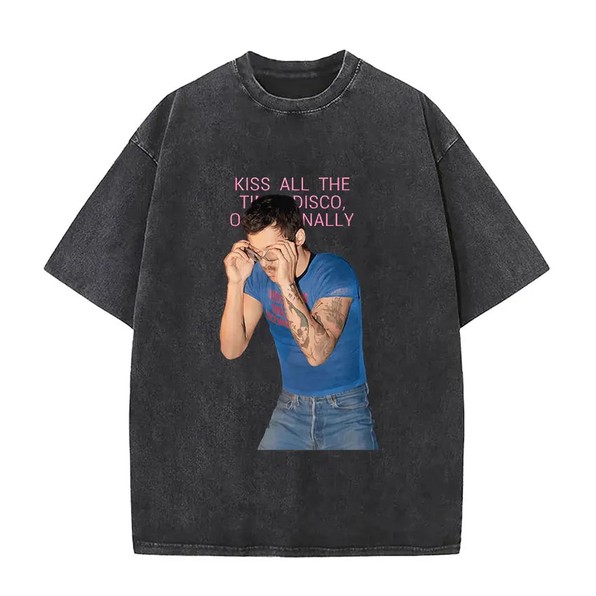Black oversized vintage washed Harry Styles graphic t-shirt featuring faded blue man and pink text in 100% cotton pop album hip hop short sleeve style
