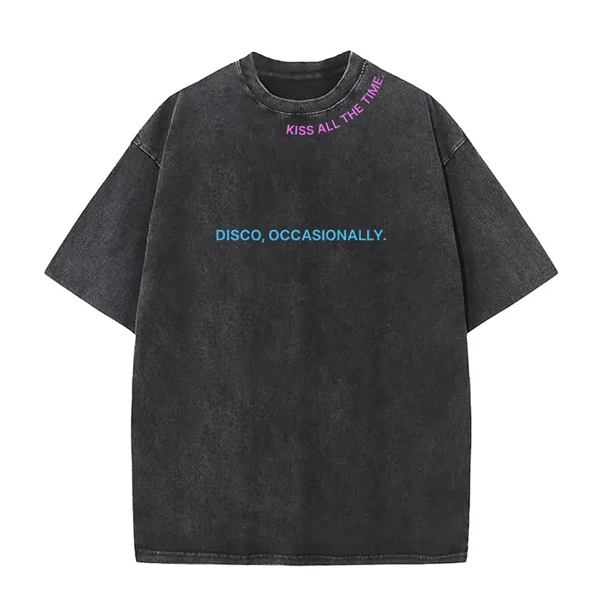 Black distressed vintage washed harry styles pop album hip hop short sleeve cotton t-shirt with colorful text design