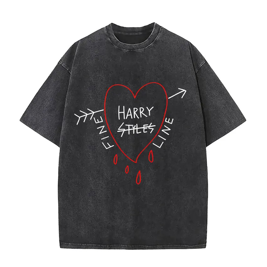 Black distressed vintage washed harry styles pop album hip hop short sleeve cotton t-shirt with red heart graphic and white text