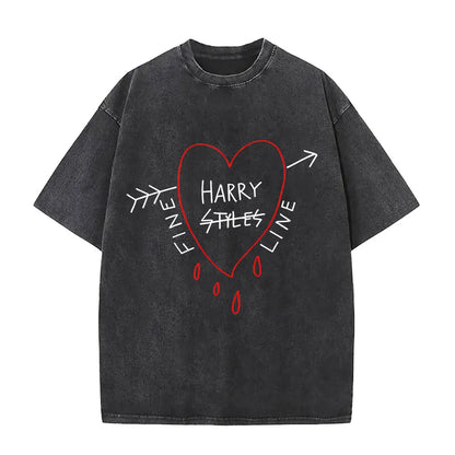 Black distressed vintage washed harry styles pop album hip hop short sleeve cotton t-shirt with red heart graphic and white text