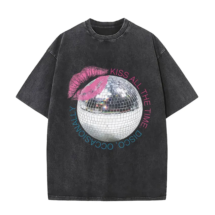 Black distressed vintage washed Harry Styles graphic t-shirt with pink lips and disco ball print 100% cotton pop album hip hop short sleeve