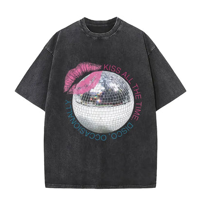 Black distressed vintage washed Harry Styles graphic t-shirt with pink lips and disco ball print 100% cotton pop album hip hop short sleeve