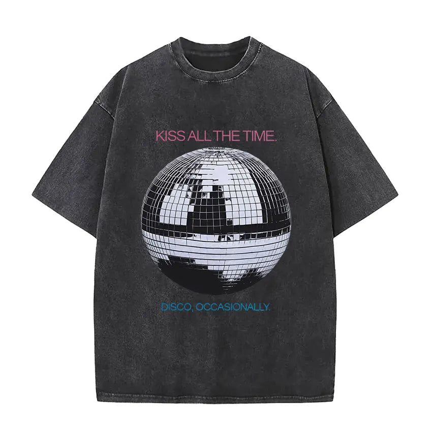Black distressed vintage washed harry pop album hip hop short sleeve t shirt with mirrored disco ball graphic and text