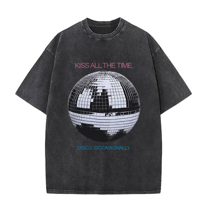 Black distressed vintage washed harry pop album hip hop short sleeve t shirt with mirrored disco ball graphic and text